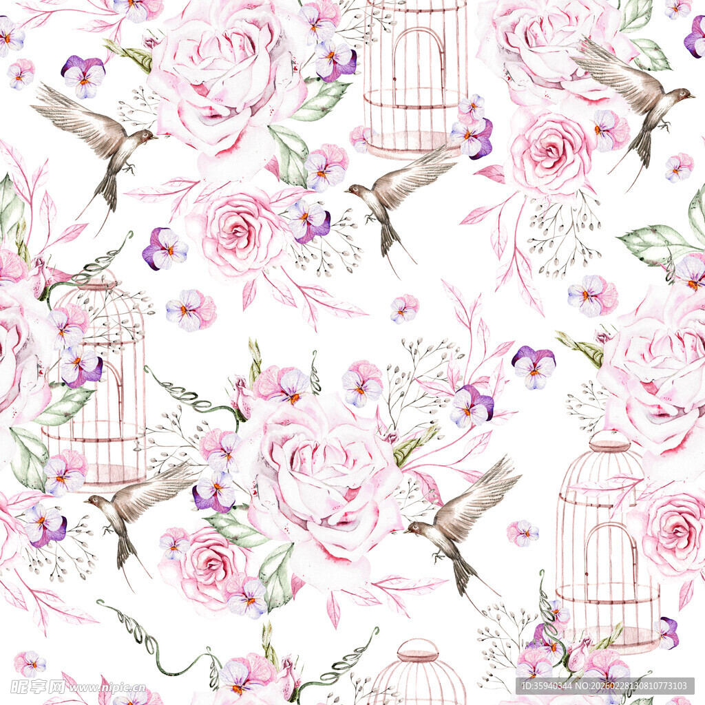 粉色花卉鸟笼无缝循环