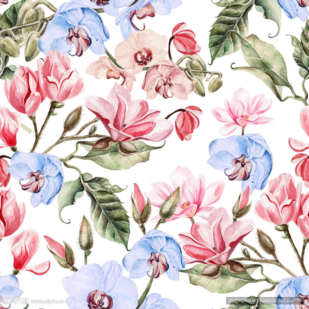 水彩花卉图案清新自然风无缝循环