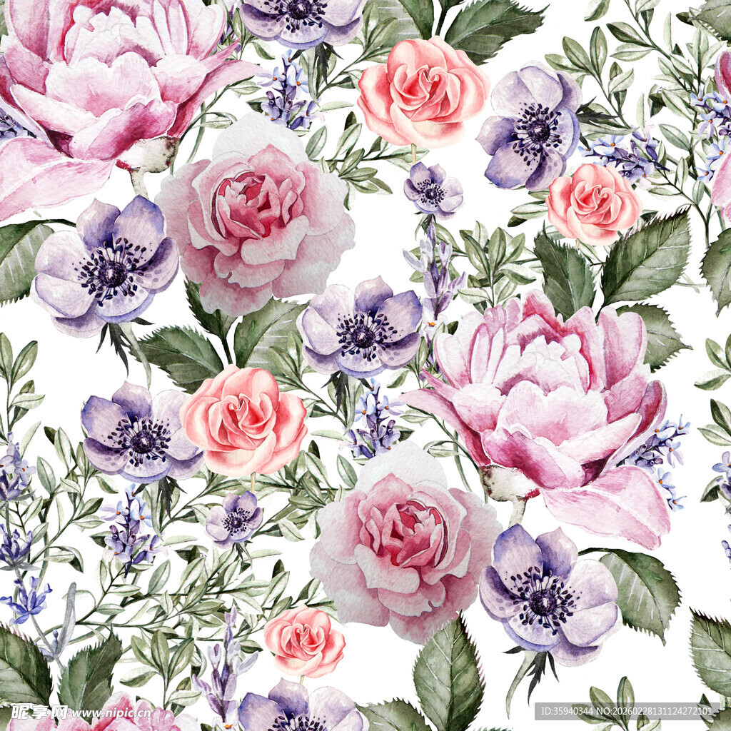 水彩花卉图案浪漫唯美风无缝循环