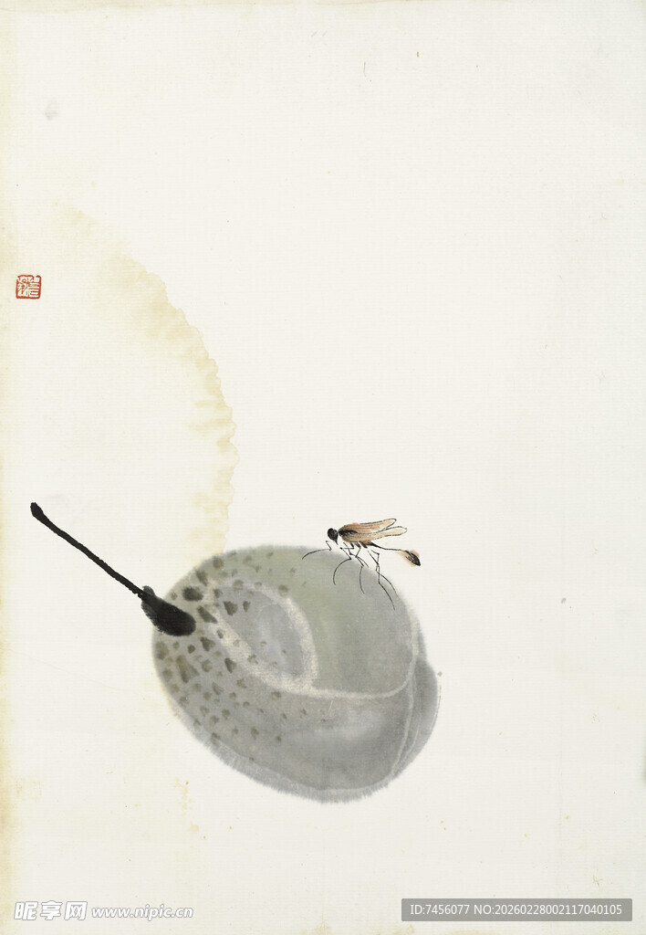 齐白石水墨荷叶上的小虫