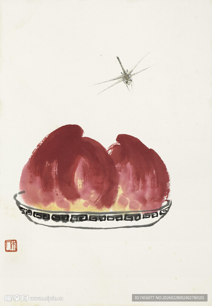 齐白石盘中鲜肉与飞舞蚊虫