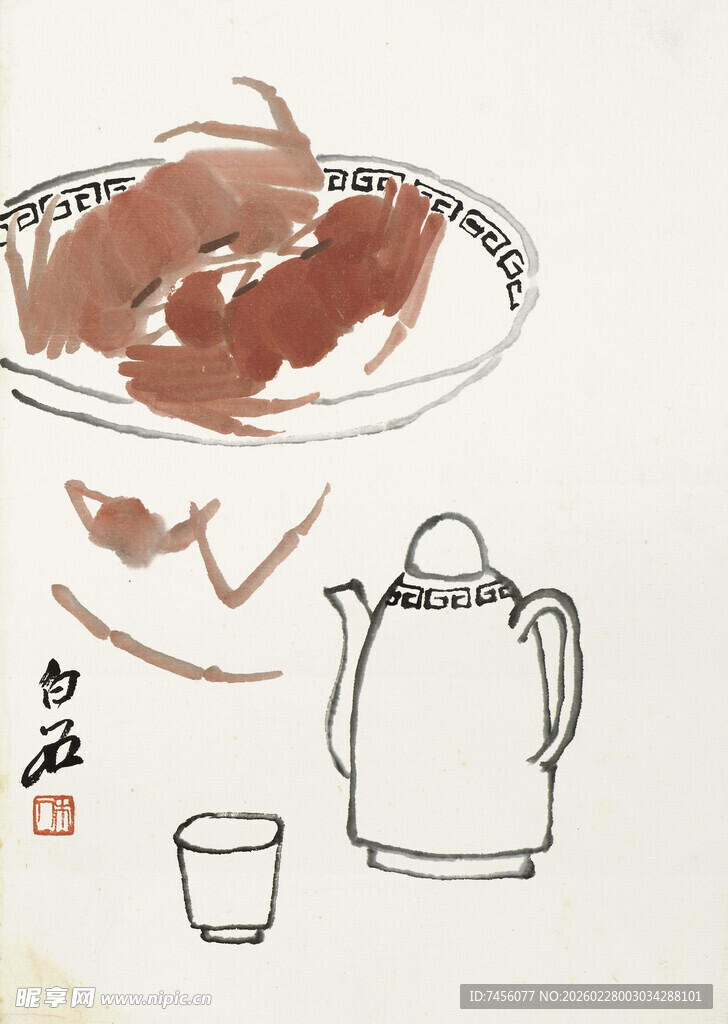 齐白石水墨风茶具与美食画面
