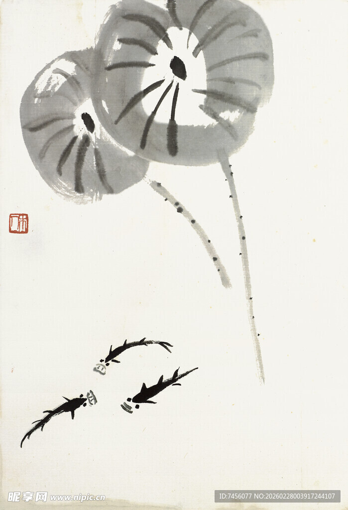 齐白石水墨荷花游鱼图