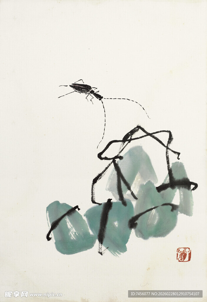 齐白石水墨虾趣图