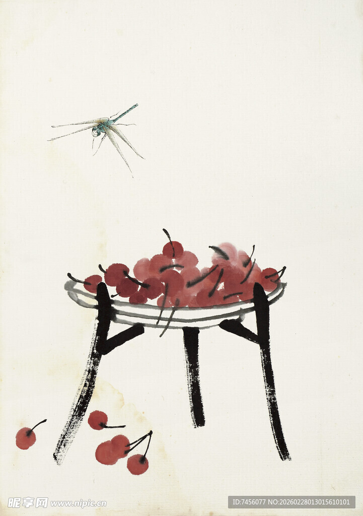 齐白石中式静物樱桃与古朴桌椅