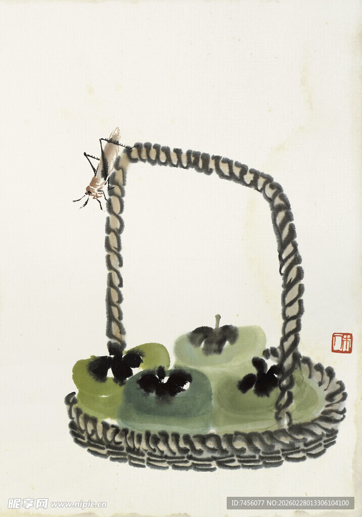 齐白石水墨风提篮与水生植物