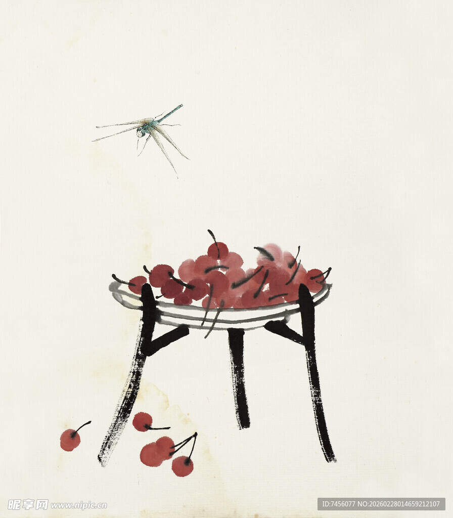 齐白石水墨风樱桃静物图