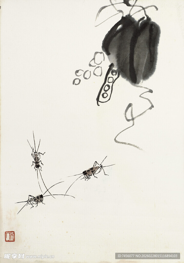 齐白石水墨虾趣图