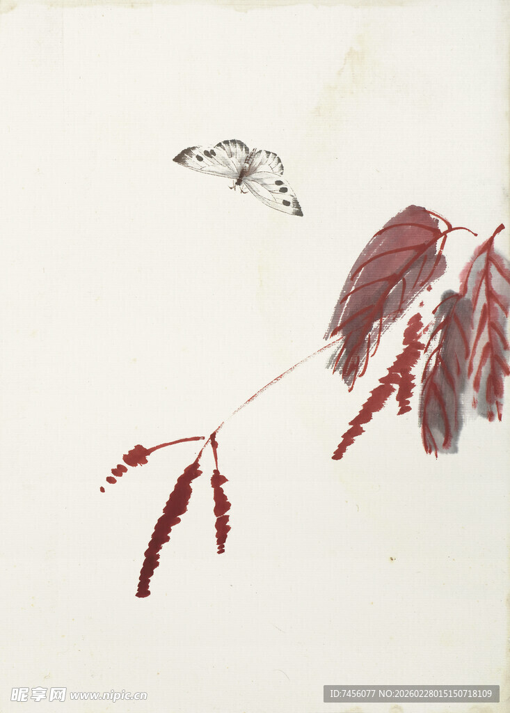 齐白石飞鸟栖于红穗植物枝头