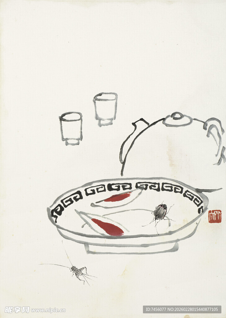 齐白石简约茶具与餐食插画