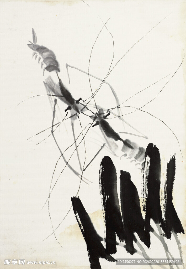 齐白石水墨虾趣图