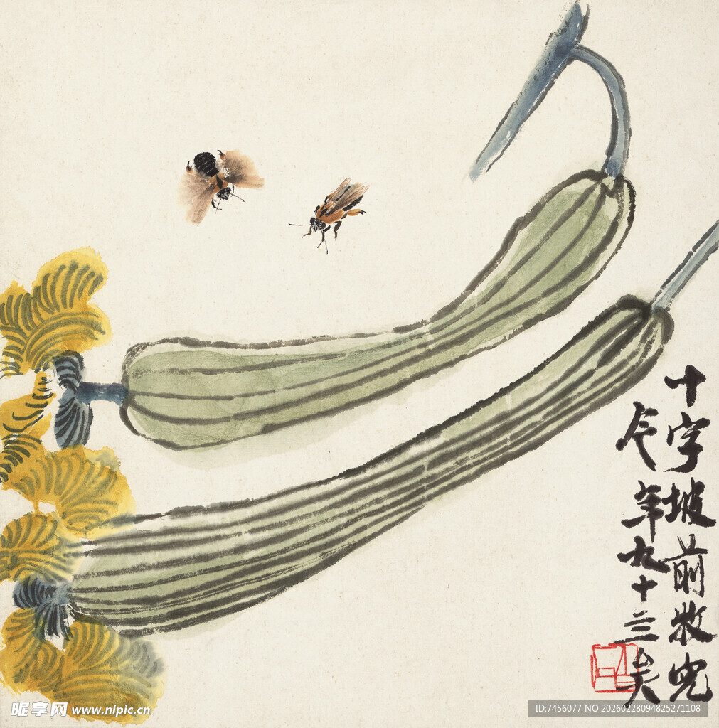 齐白石水墨瓜藤蜜蜂图艺术画