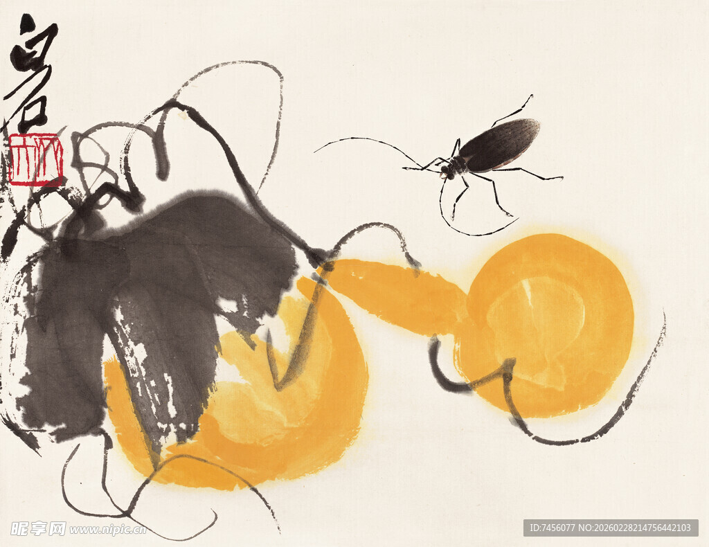 齐白石水墨风格虾与南瓜画作
