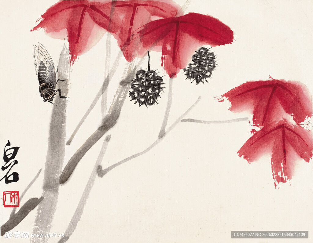 齐白石水墨红叶图