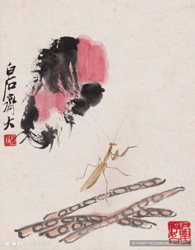 齐白石水墨古韵笛与书法意象图