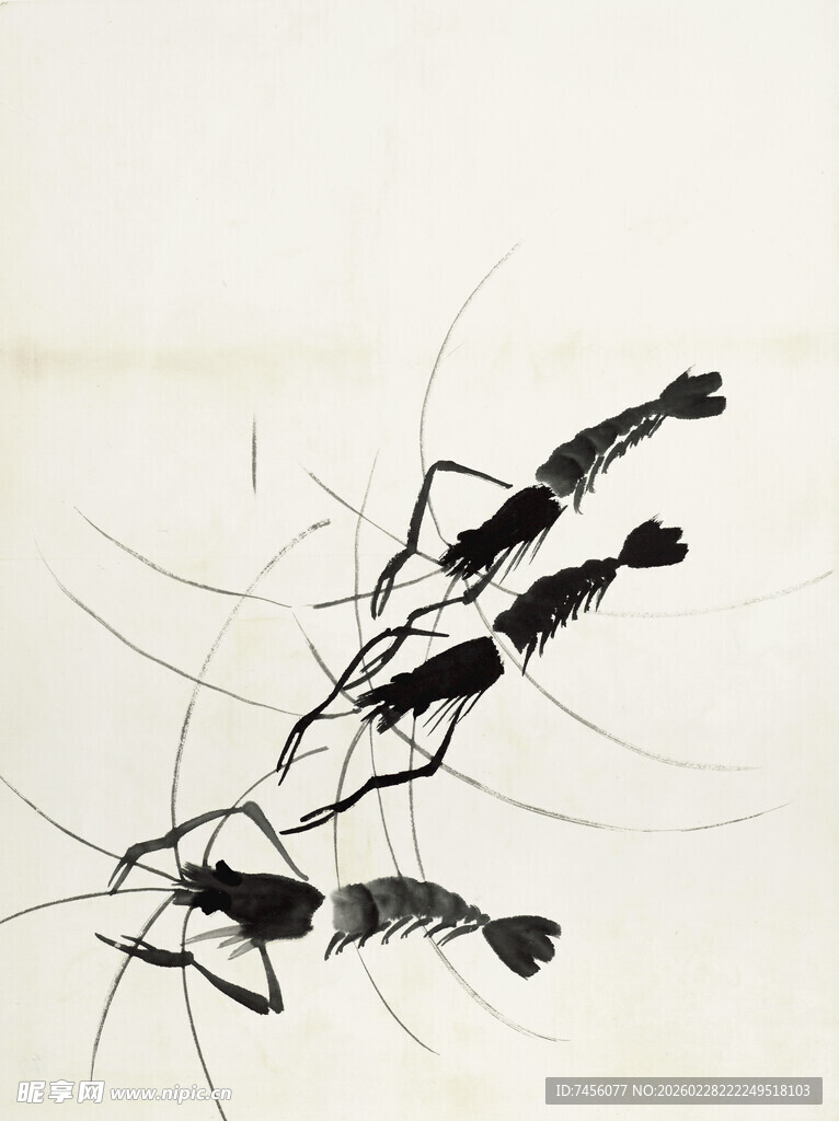 齐白石水墨虾趣图