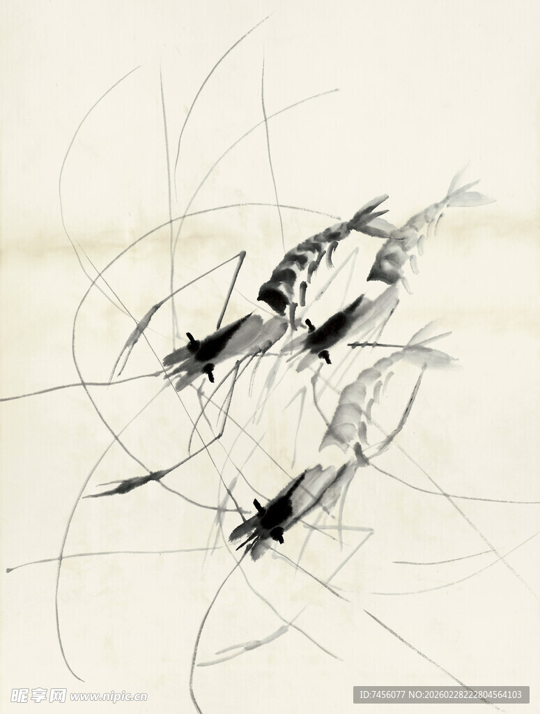齐白石水墨虾趣图