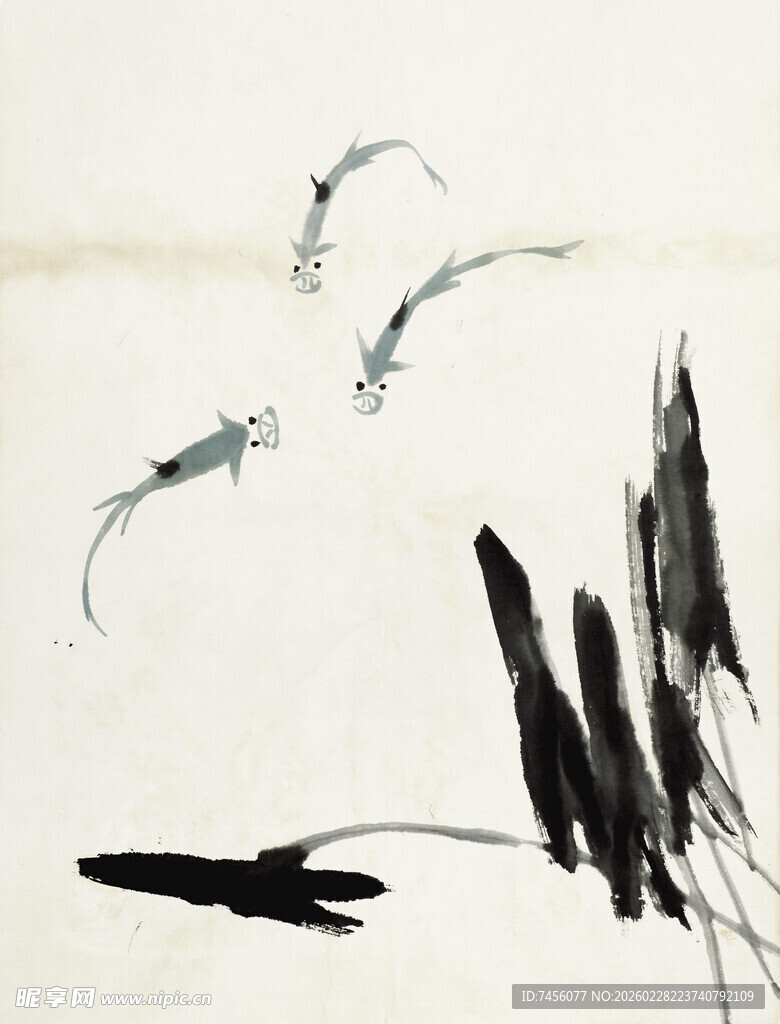 齐白石水墨虾趣图