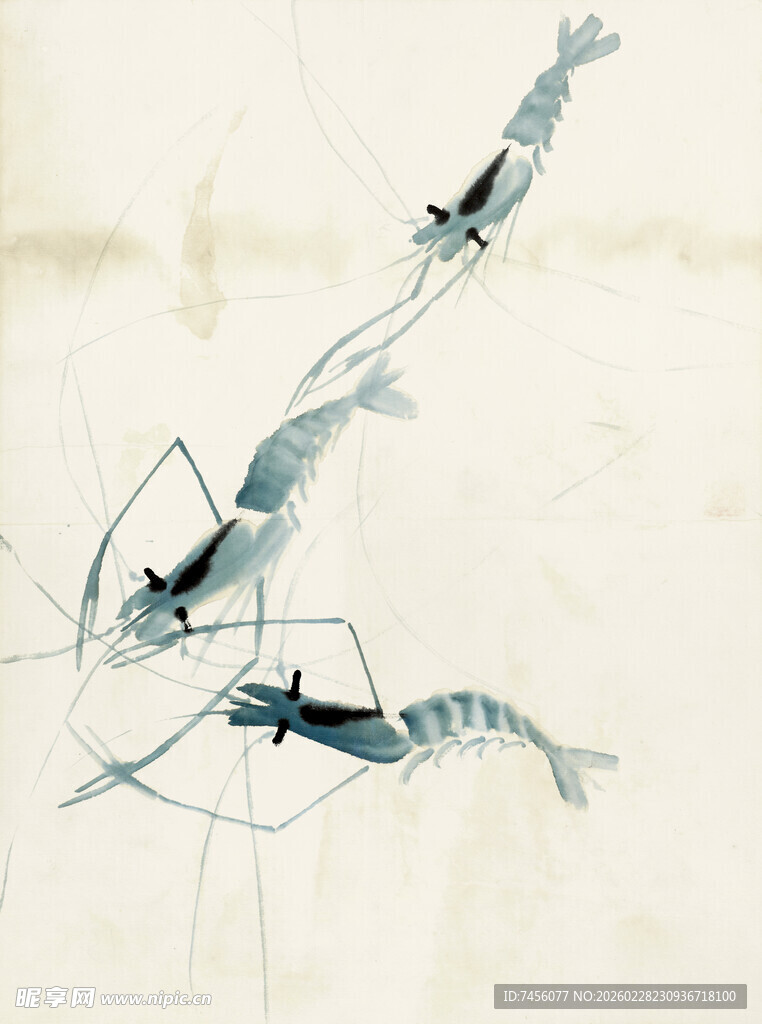 齐白石水墨虾趣图