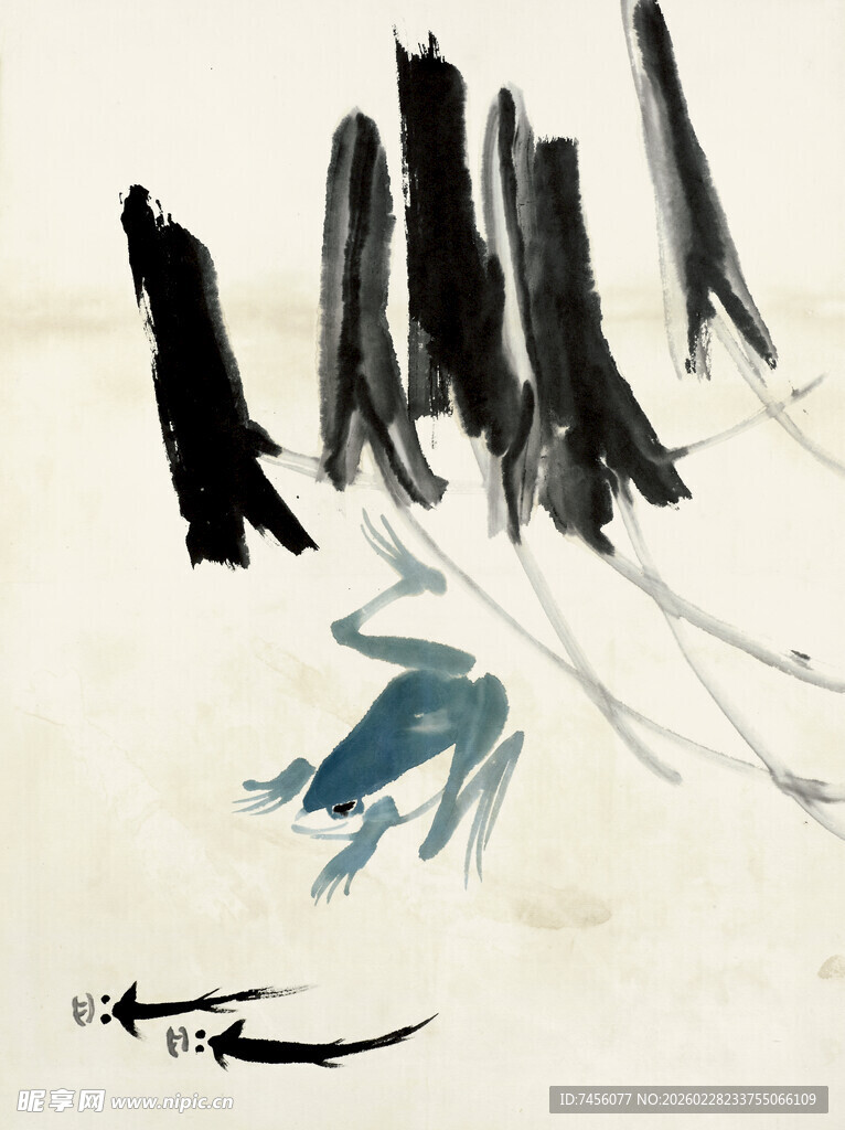 齐白石水墨风格的人物与树木图景