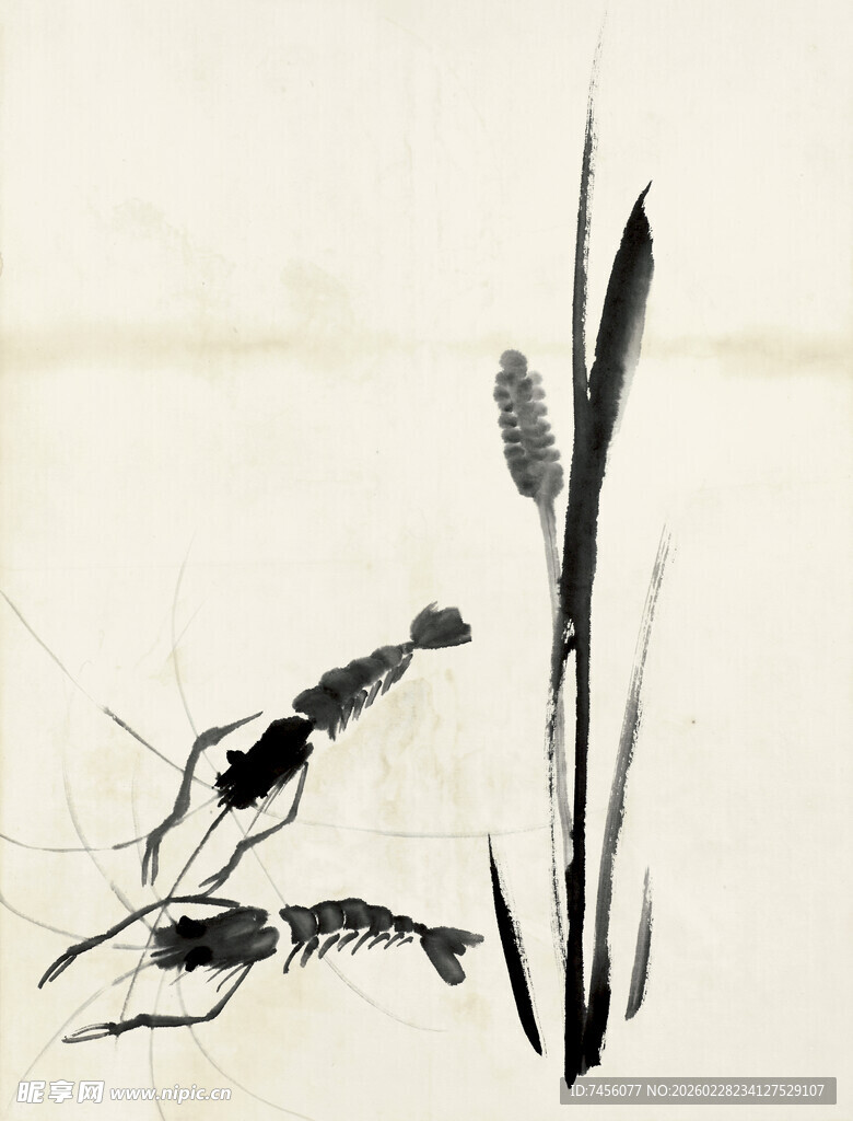 齐白石水墨虾趣图