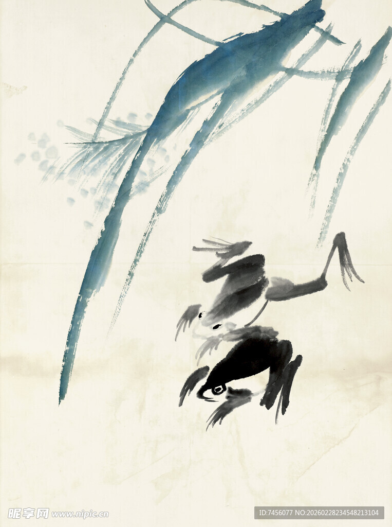 齐白石水墨虾趣图