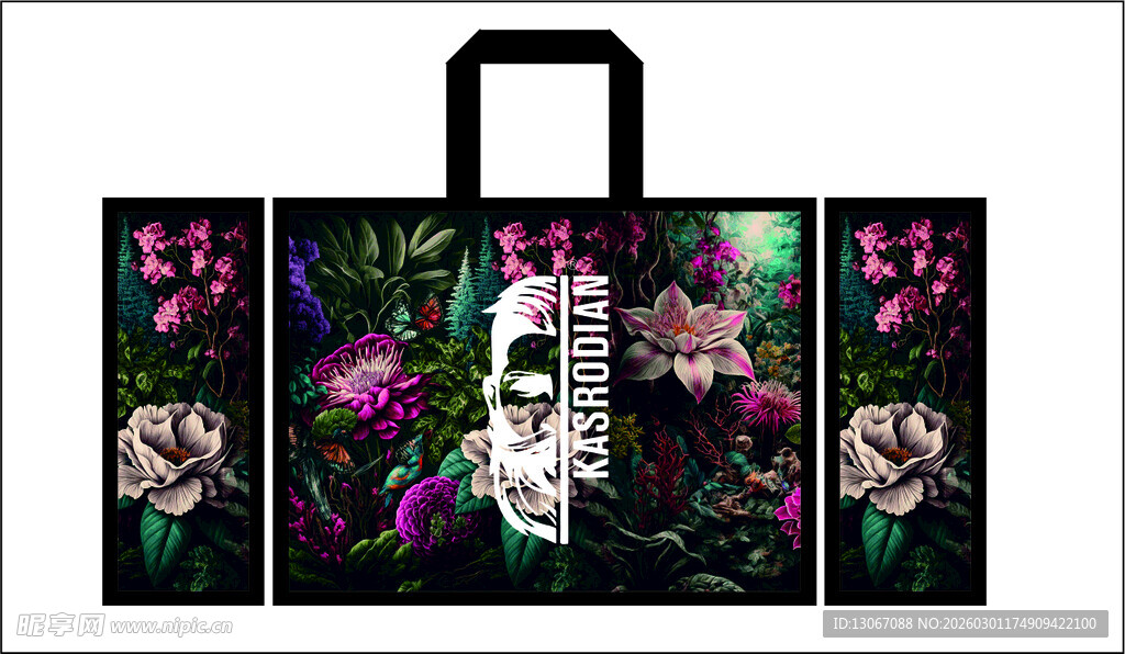 骷髅花卉图案手提袋