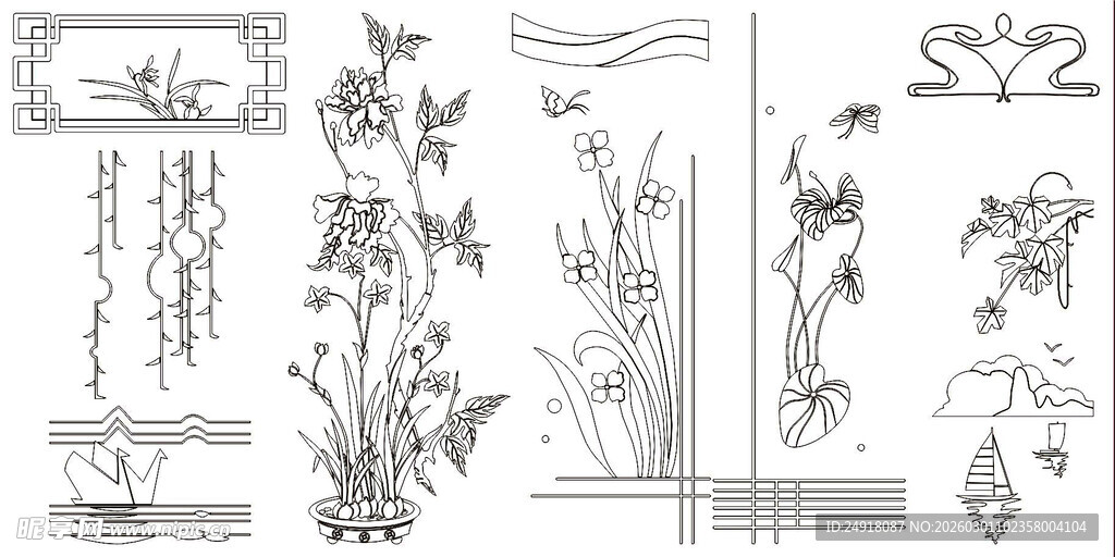 花草鱼鸟线条 矢量线条画