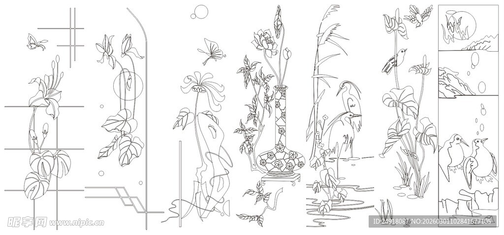 花草鱼鸟线条 矢量线条画