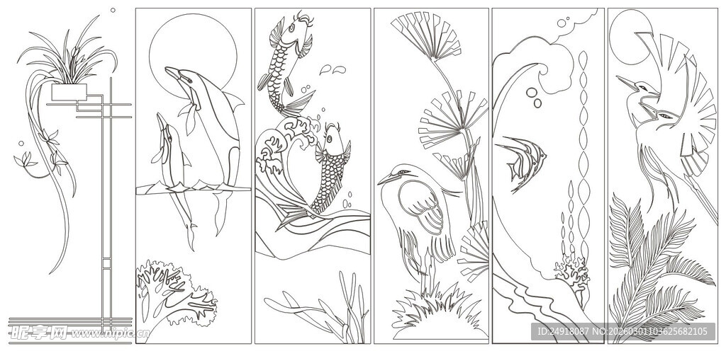 花草鱼鸟线条 矢量线条画