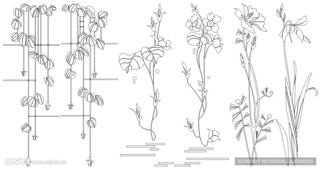 花草鱼鸟线条 矢量线条画