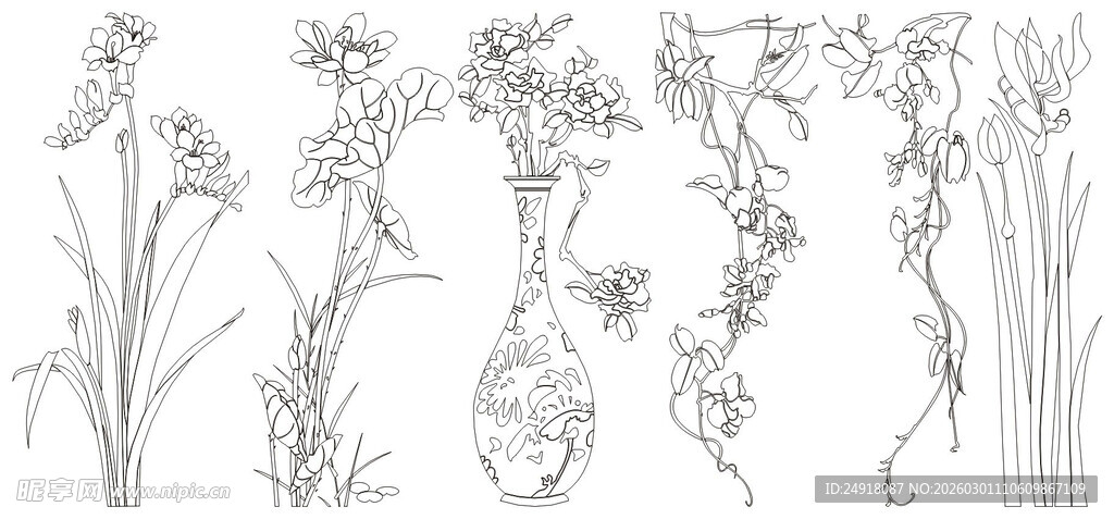 花草鱼鸟线条 矢量线条画