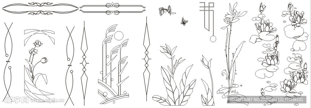 手绘植物线条图案设计素材