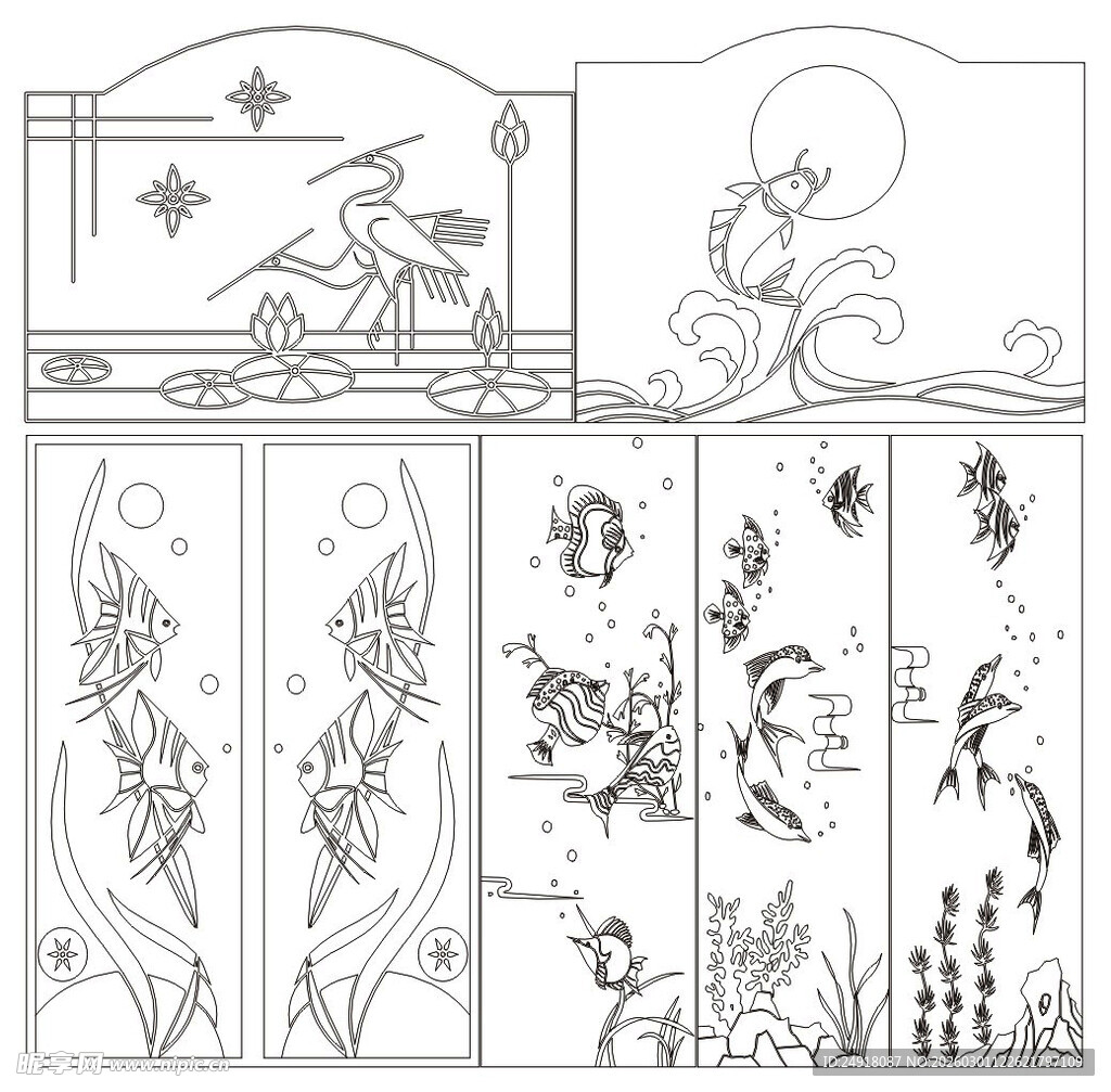 花草鱼鸟线条 矢量线条画