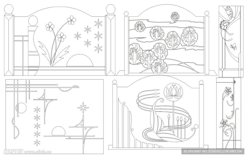 矢量线条画 花草鱼鸟线条 