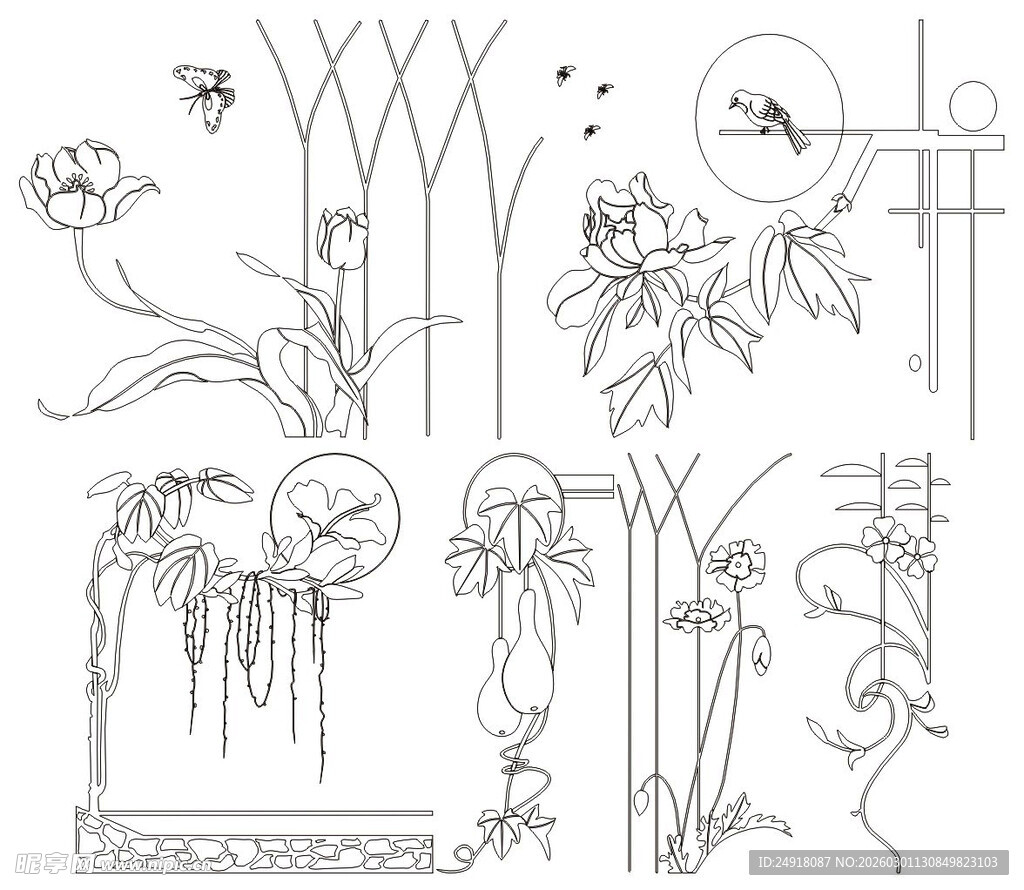 手绘植物花卉线稿设计图