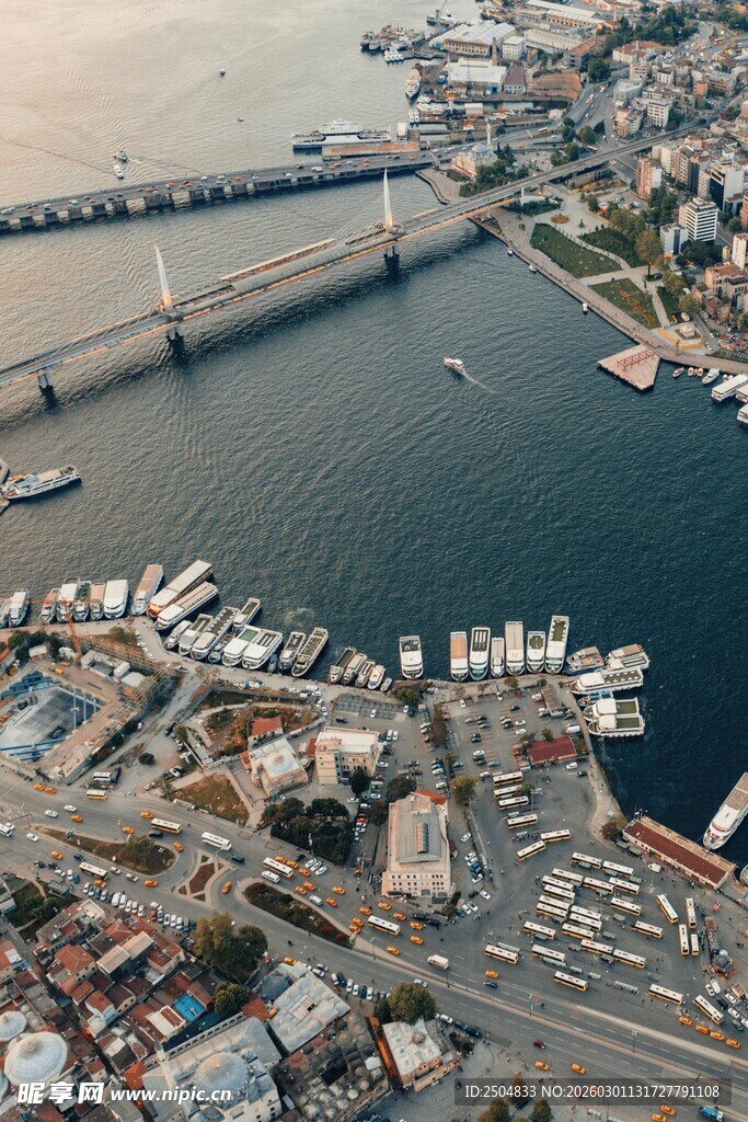 俯瞰繁忙港口城市景象