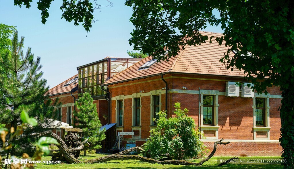 绿树环绕的精美红砖建筑