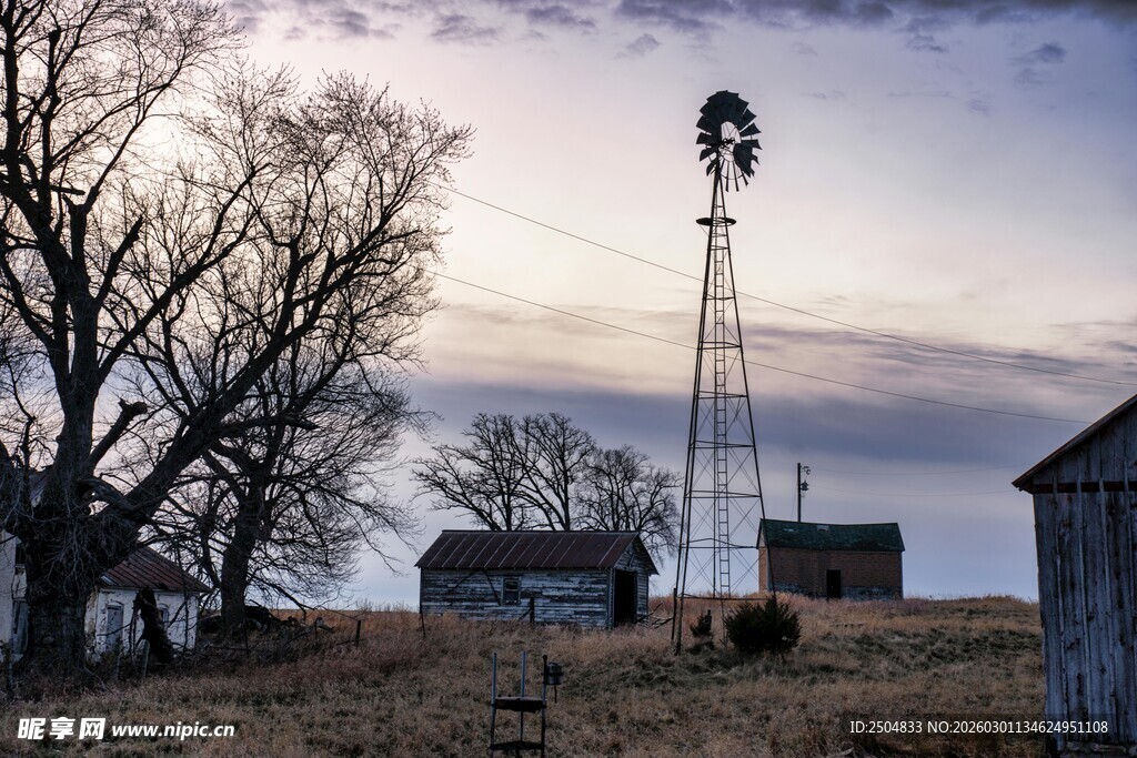 乡村田野中的风车与小屋