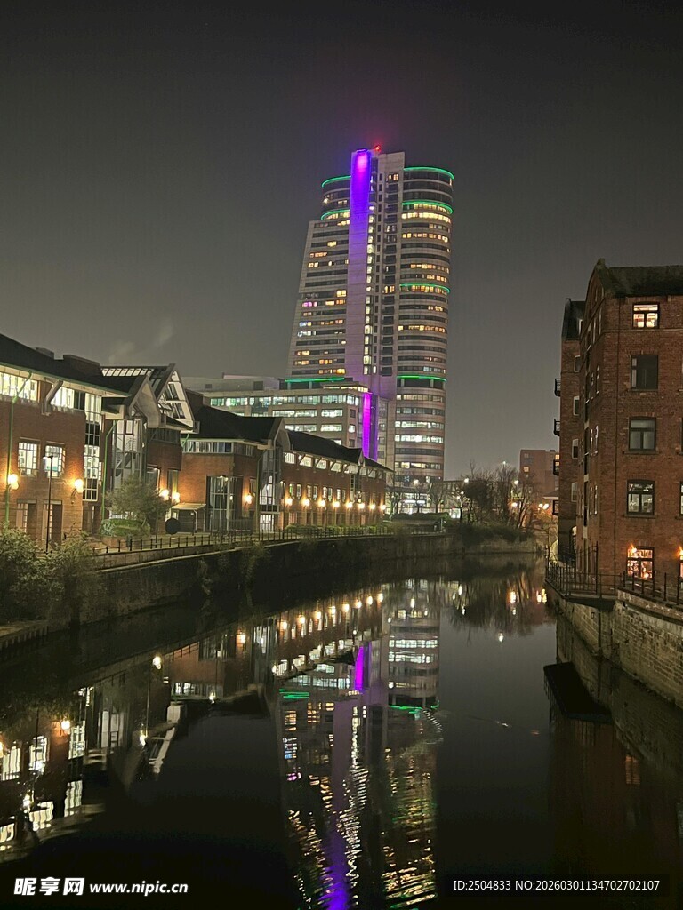 城市河畔夜景高楼倒影