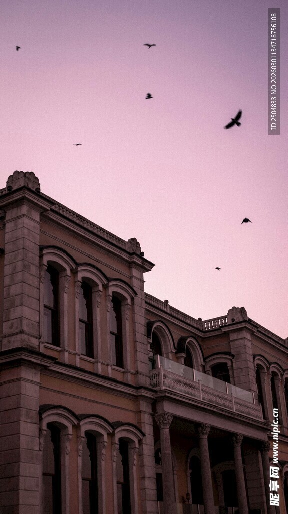 黄昏下的古老建筑与飞鸟