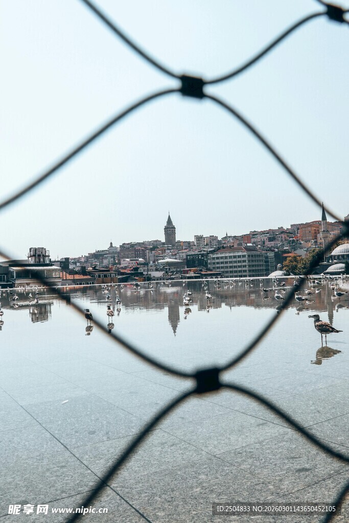透过围栏看宁静水面景象