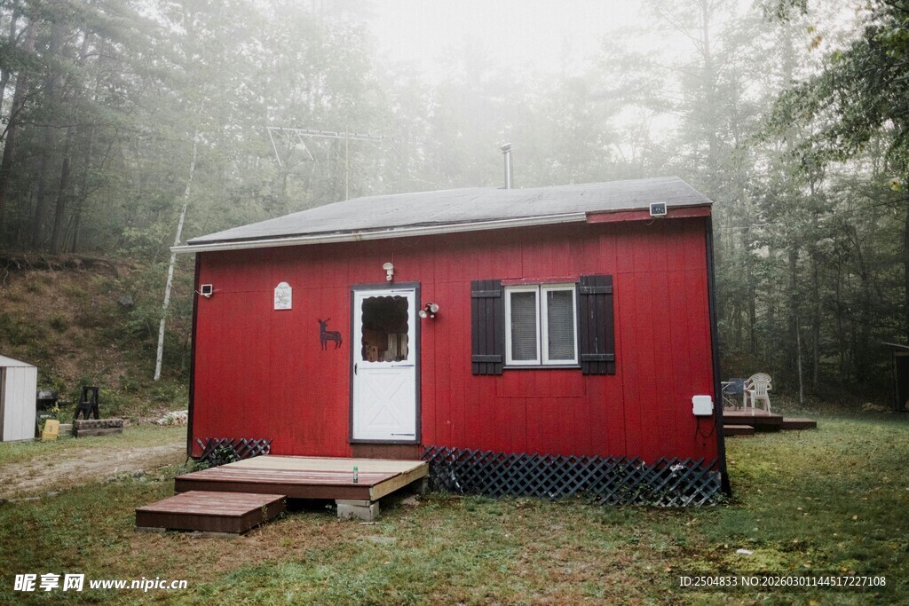 雾中红小屋 静谧林间景
