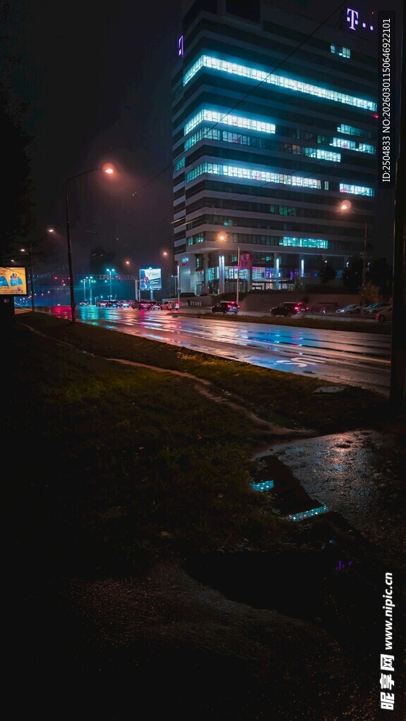 雨夜城市街道霓虹倒影