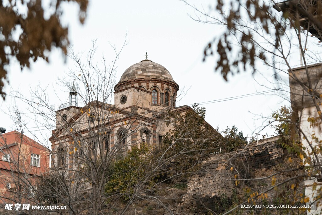 古老建筑隐于繁茂树木间