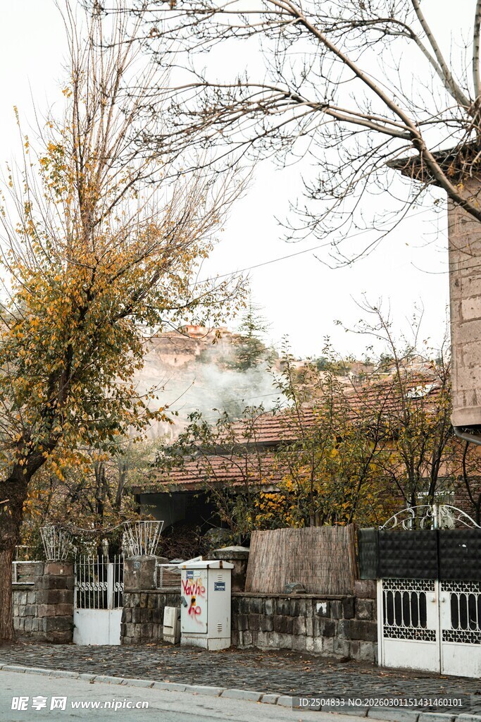 秋日街边的静谧建筑景象