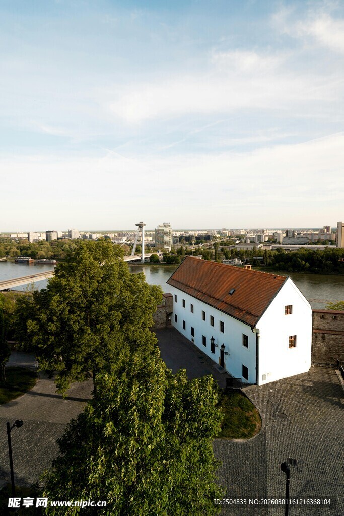 郊外白房绿树风景图