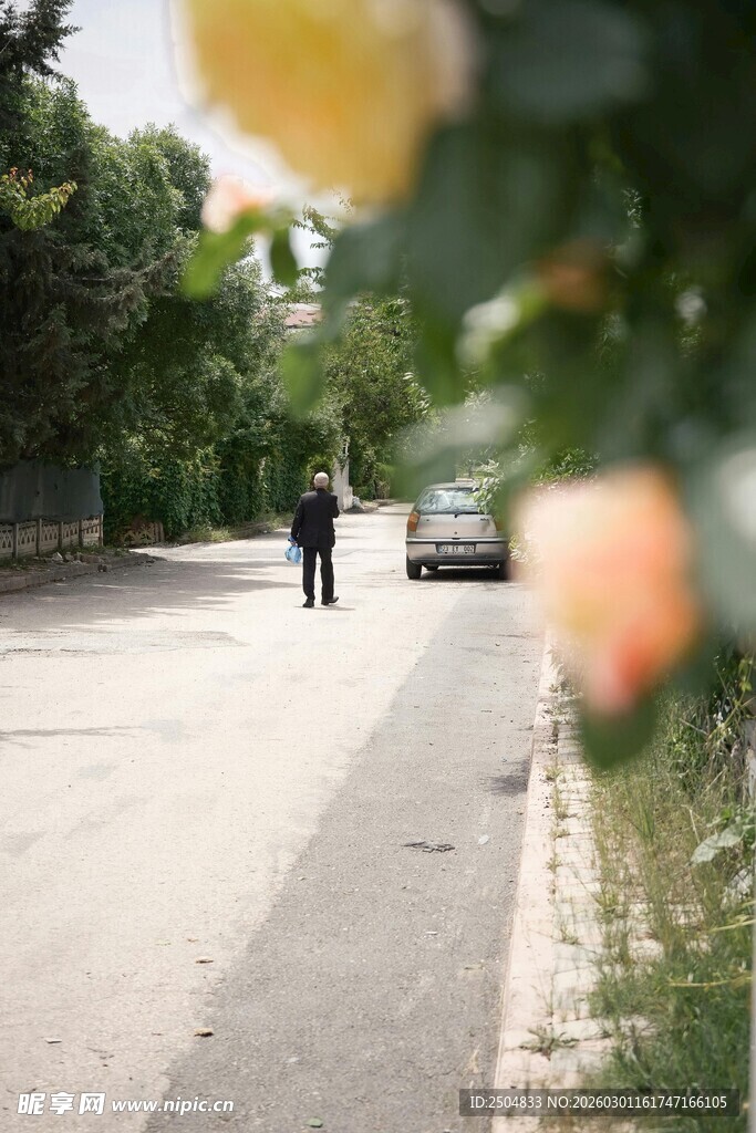 路边行人与朦胧的花朵