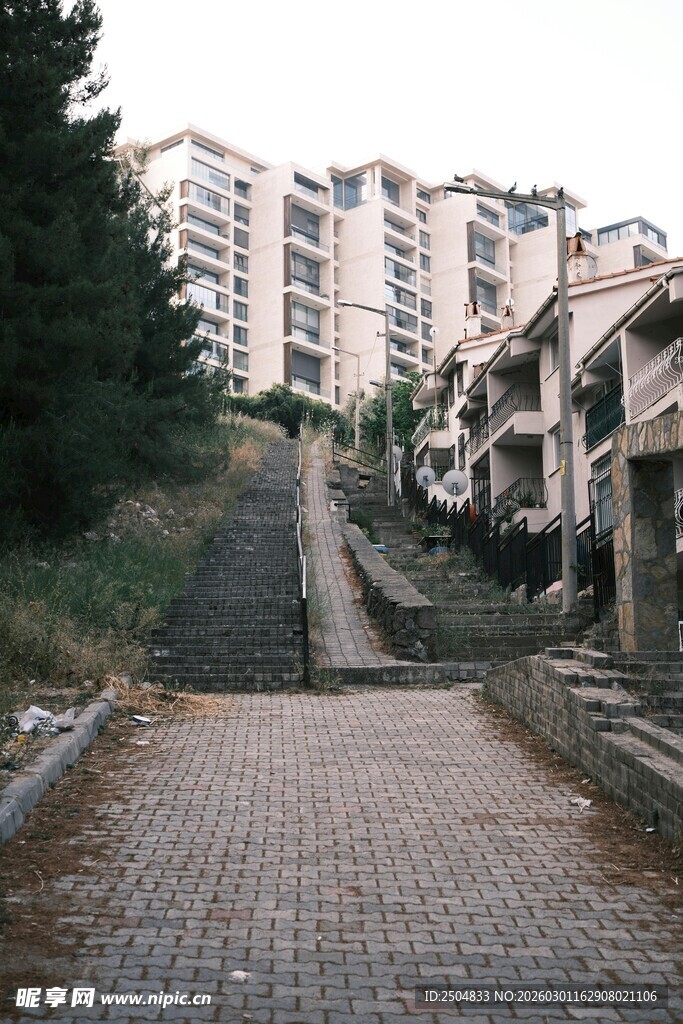 住宅区中的蜿蜒砖石小道