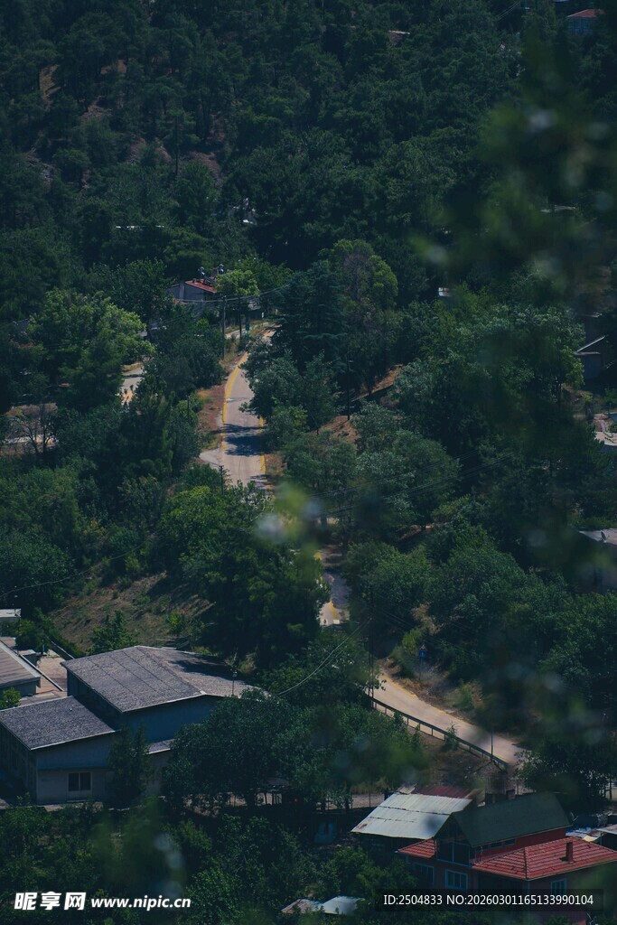 俯瞰山林中的村落景象